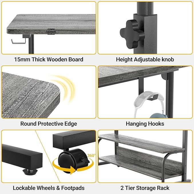 32 Height Adjustable Standing Desk with Power Outlets - Manual Rolling Stand Up Desk with Wheels Small Portable Computer Desk Mobile Laptop Table with Storage Shelves for Home Office Grey Oak