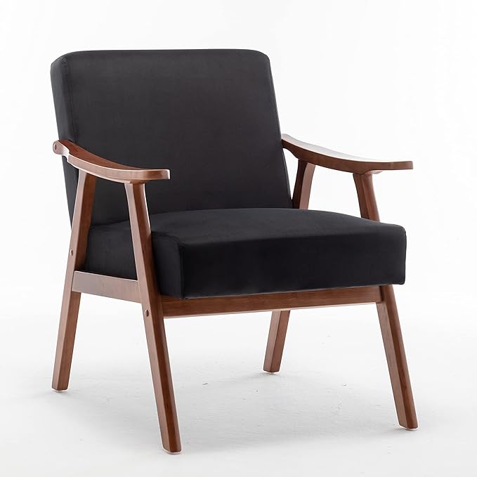 Mid Century Modern Accent Chairs with Solid Wood Frame Comfortable Accent Chair with Arms for Living Room or Bedroom Black