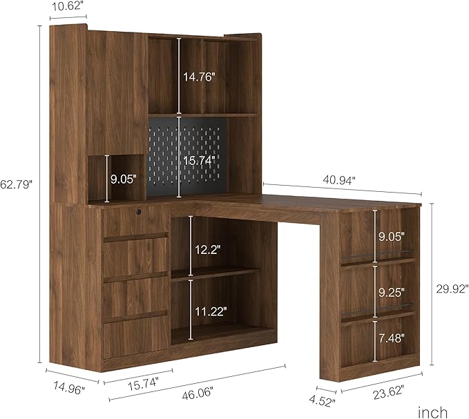 L Shaped Office Desk with Hutch and LED Light Home Office Corner Writing Desk with Drawers and Bookshelf Modern Study Table Computer Desk with Hutch for Studyroom (Wood)