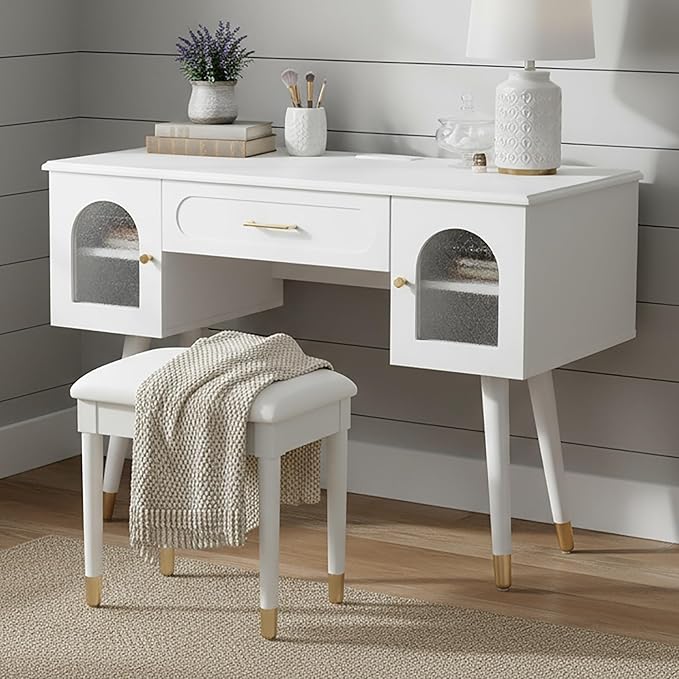 Merax Modern Desk Computer Desk with Stool Elegant Frosted Glass Doors Writing Desk with 1 Compartment Storage Drawer &amp 2 Cabinets &amp Charging Port for Home Office White