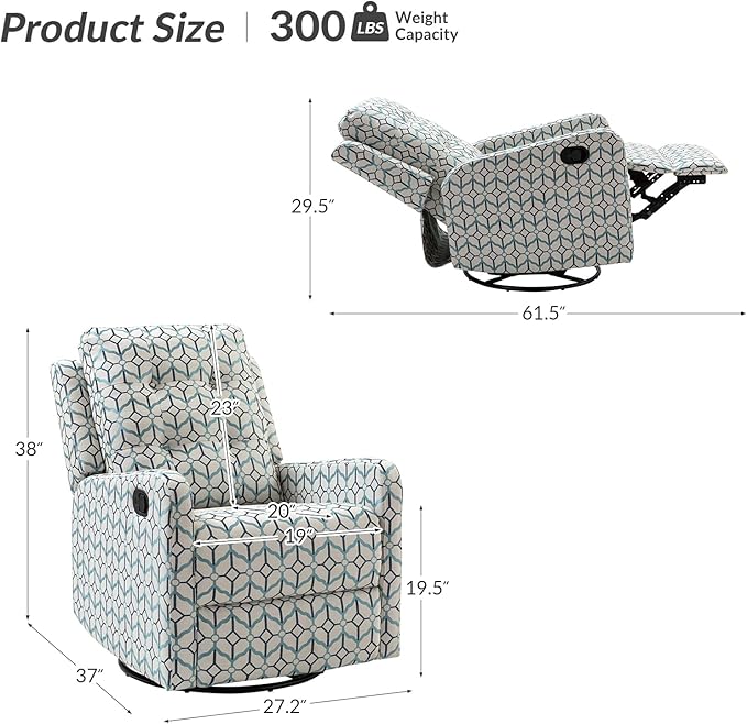 HULALA Home Recliner Chair Modern Printed Fabric for Living Room Wingback Rocker Recliner Sofa Comfy Armchair 360 Degree Swivel Nursery Rocking Chairs with Adjustable Backrest &amp Footrest/Ivory