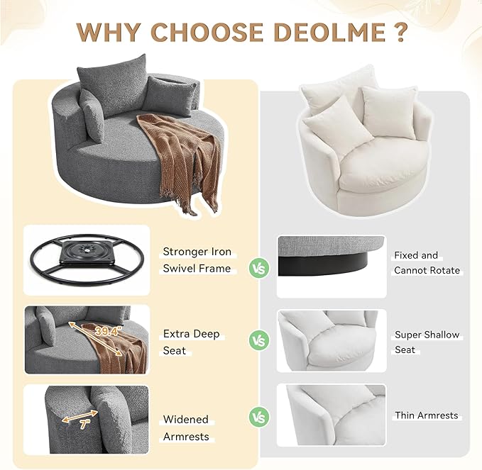 360° Swivel Barrel Chair - Oversized Round Sofa Chair and A Half with Removable Pillows Comfy Modern Upholstered Chenille Deep Seat Circle Chaise Lounge for Living Room Bedroom Office Hotel (Grey)