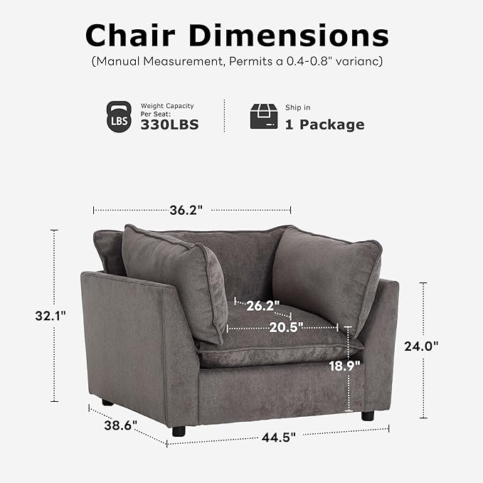 Tbfit Chenille Accent Chair Plush Comfort Living Room Chair with Wide Seat Modern Decorative Chair for Bedroom Office Reading Nook Soft Cloud Chair Deep Seat Dark Gray