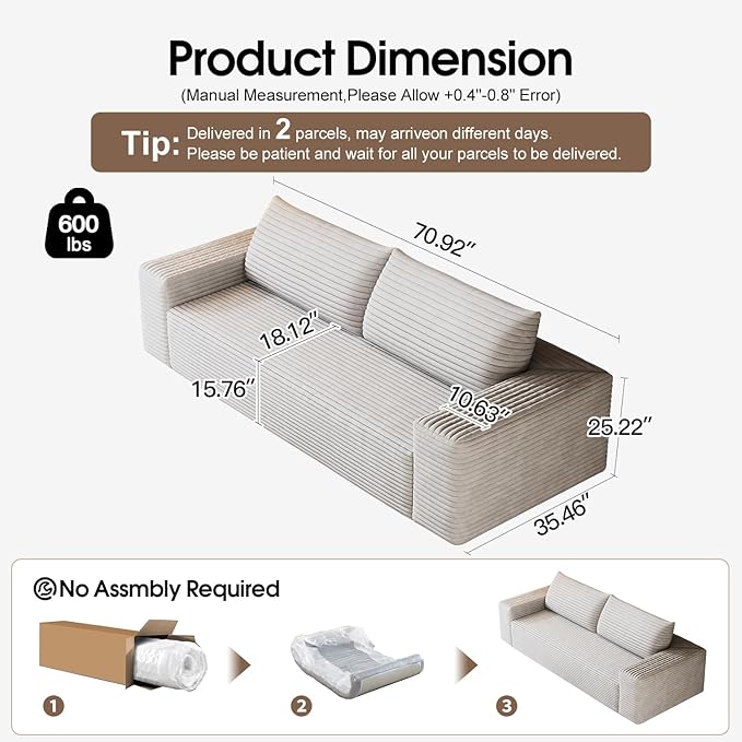 71 Boneless Corduroy Modular Couch with Deep Seat Memory Foam Comfy Small Cloud Couch for Small Spaces No Assembly Required Sofa for Living Room Bedroom &amp Apartment (White 71inch)