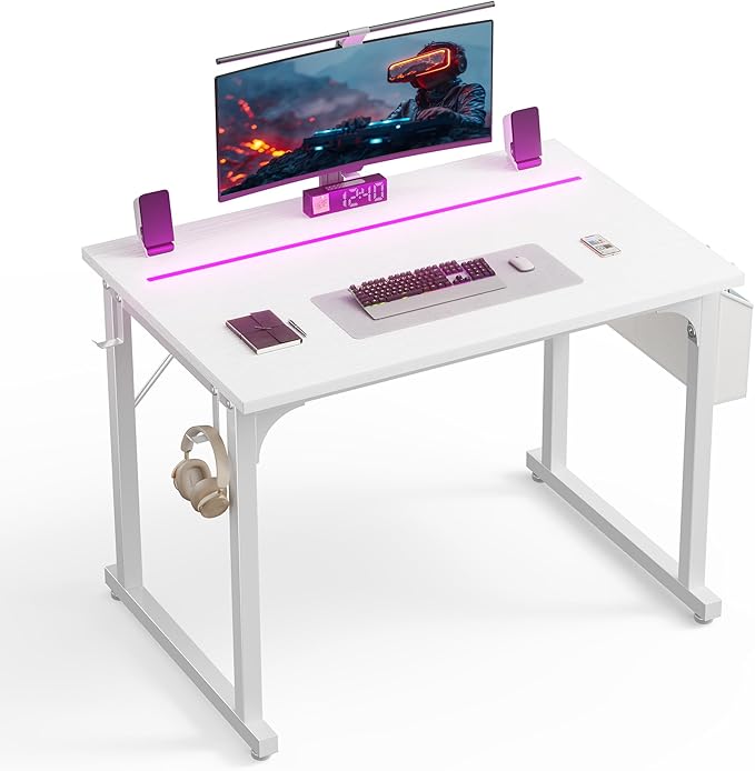 32 Inch White Computer Desk with LED Lights for Small Spaces Office Desk for Home Office Gaming Study Desk Writing Table with Storage BagDesk with Frame Headphone Hook