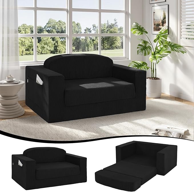MeMoreCool Convertible Sofa Bed Pull Out Loveseat Sleeper Sofa Small Boneless Cloud Couch Bed for Adults Fold Out Foam Love Seat Black Corduroy Folding Floor Couch for Bedroom