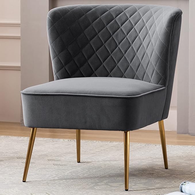 DUHOME Velvet Accent Chair Slipper ChairVanity Chairs Makeup Chair with Back Upholstered Sofa Chair Barrel Chair for Living Room Bedroom with Golden Legs Grey