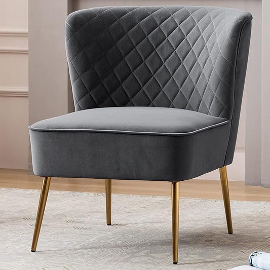 DUHOME Velvet Accent Chair Slipper ChairVanity Chairs Makeup Chair with Back Upholstered Sofa Chair Barrel Chair for Living Room Bedroom with Golden Legs Grey