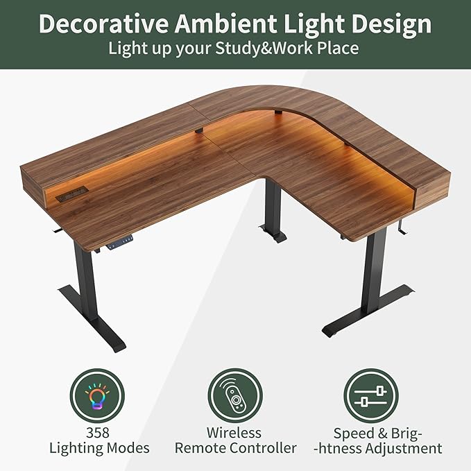 FEZIBO 63x49 L Shaped Standing Desk with Arc LED &amp Power Outlet Electric Height Adjustable L Shaped Desk with Monitor Stand for Gaming Office Black Walnut（2 Packages）