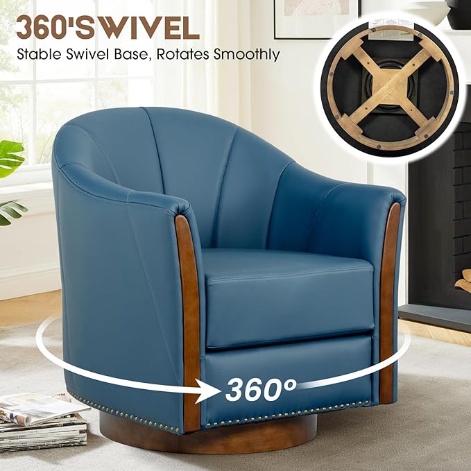360° Swivel Accent Chair Modern Leather Barrel Club Chair with Leather Upholstery and Sturdy Wood Base Comfortable Armchair for Living Room Bedroom Reading Nook Blue