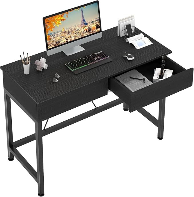 CAIYUN Small Computer Desk with Drawers 39.4 Inch Home Office Desks with Storage Simple Modern Kids Desk Vanity Desk for Bedroom Work Study Writing Desk Table for Small Spaces (Black Wooden)
