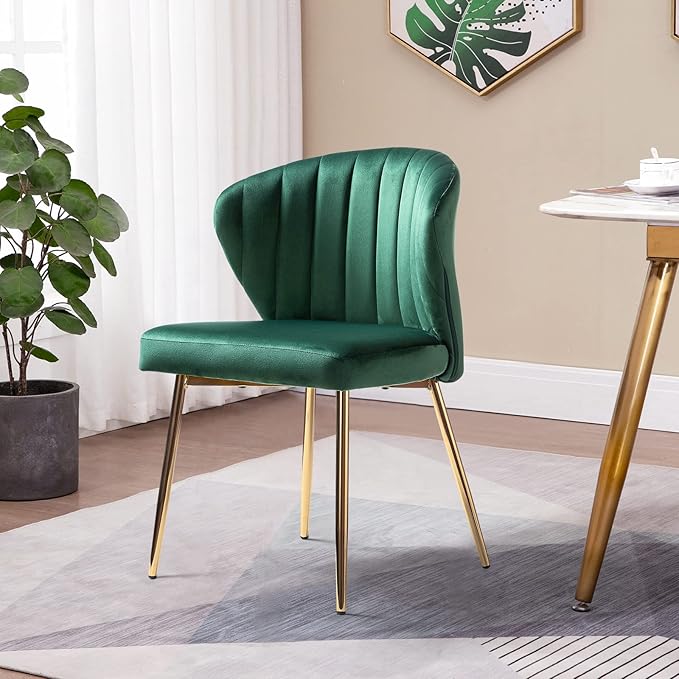 HULALA HOME Velvet Dining Chair Cute Armless Accent Chair Living Room Chair with Golden Legs Mid Century Modern Upholstered Side Chair for Kitchen Vanity Green