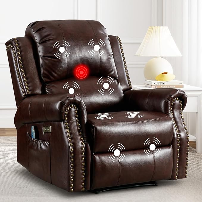 ANJ Large Power Recliner Chair with Heat and Massage Faux Leather Electric Overstuffed Wide Recliners for Living Room Classic Single Seat Sofa with Brass Rivets USB Port (Brown)