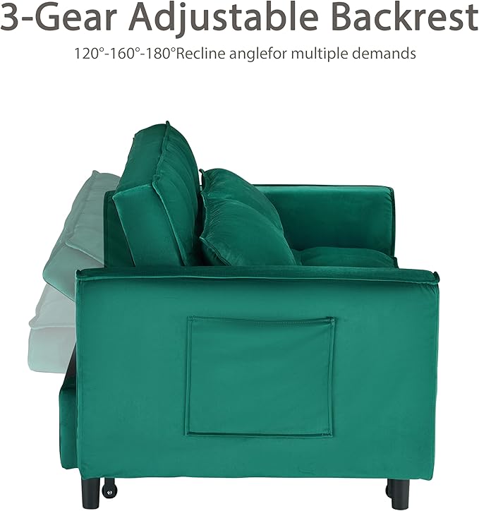 55 Sleeper Loveseat3 in 1 Sofa BedPull Out Couch Bed with 2 Pillows and Side PocketsVelvet Convertible Bed for Small Spaces Living Room (Green)