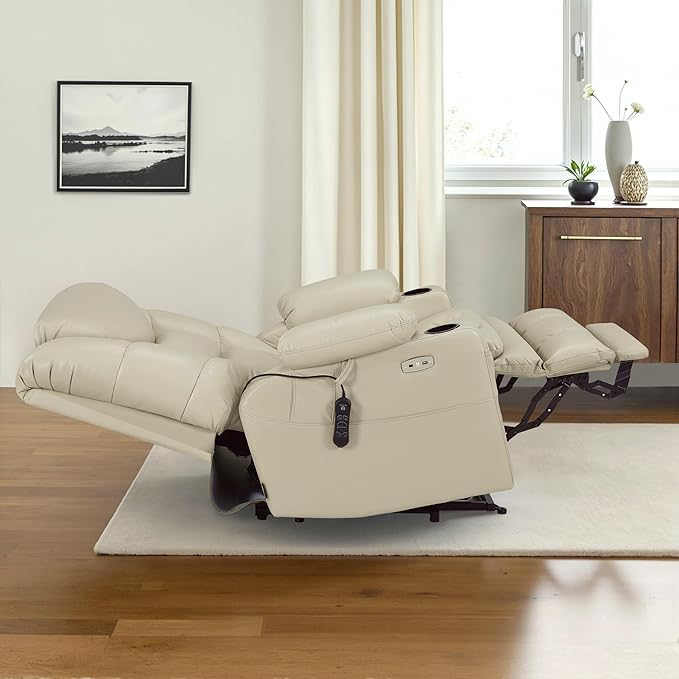 MCombo Oversized Triple Motor Power Lift Recliner Chair with Massage and Dual Heating Adjustable Headrest for Big and Tall Elderly People Faux Leather R7635 (Beige Large-Oversize)
