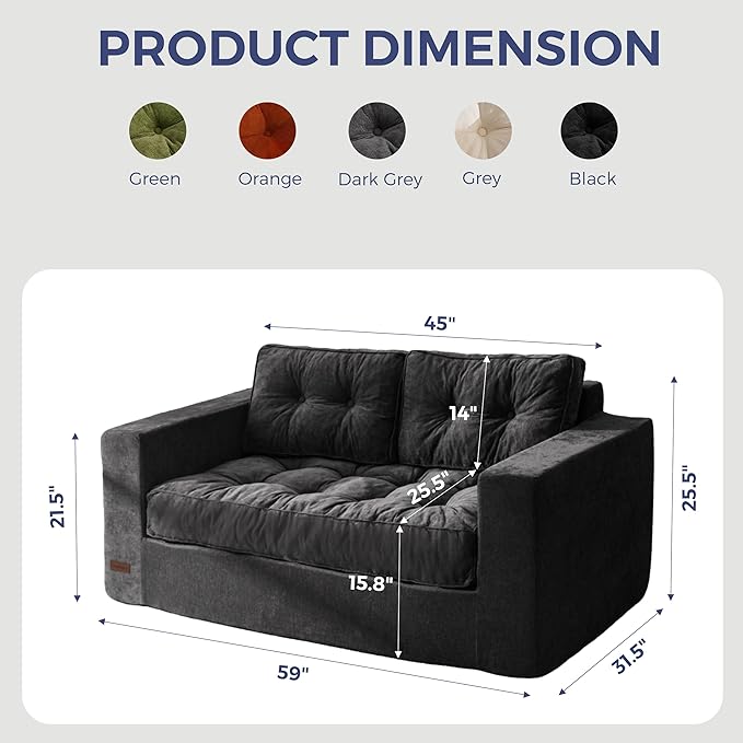 MAXYOYO Boneless Sofa Couch Loveseat Sofa for Small Space Tufted 2-Seater Floor Couch Bean Bag Chair for Living Room Bedroom Apartment Sofa in a Box No Assembly Needed Black