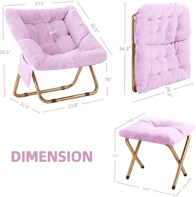 Comfy Saucer Chair Foldable Living Room Chairs Soft Faux Fur Lounge Chair for Bedroom Reading Chairs for Adults Teens X-Large (Lavender)