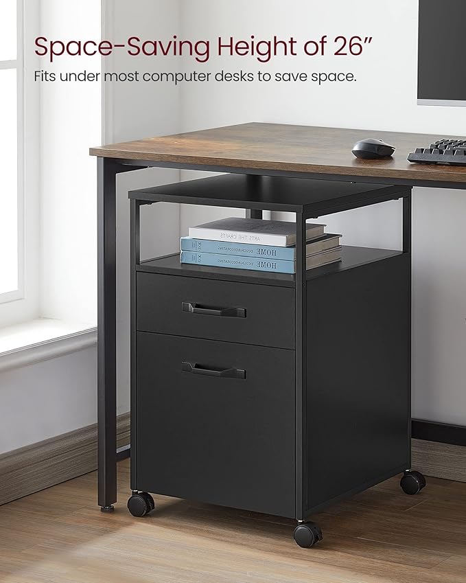 VASAGLE File Cabinet Mobile Filing Cabinet with Wheels 2 Drawers Open Shelf for A4 Letter Size Hanging File Folders Ink Black UOFC071B16