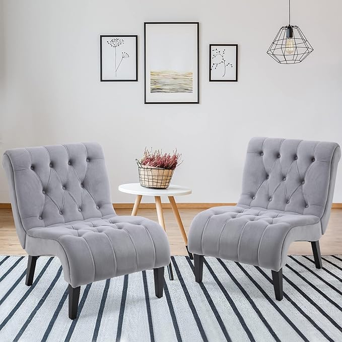 AVAWING Armless Accent Chair Set of 2 Upholstered Button Tufted Living Room Chairs with Wood Legs Comfy Frosted Velvet Lounge Chair Reading Chair for Bedroom Grey