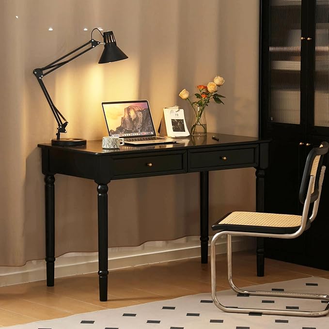 Solid Wood Computer Desk with Double Drawers Black Vintage Rubber Wood Writing Desk for Home Office 47.2