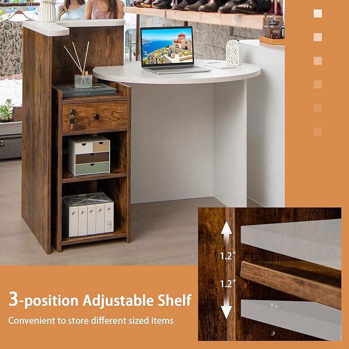 Reception Desk Front Desk Reception Counter with Oval Desktop Open Shelf &amp Lockable Drawer Small Retail Checkout Counter Table Wood Computer Workstation for Home Office Lobby &amp Salon