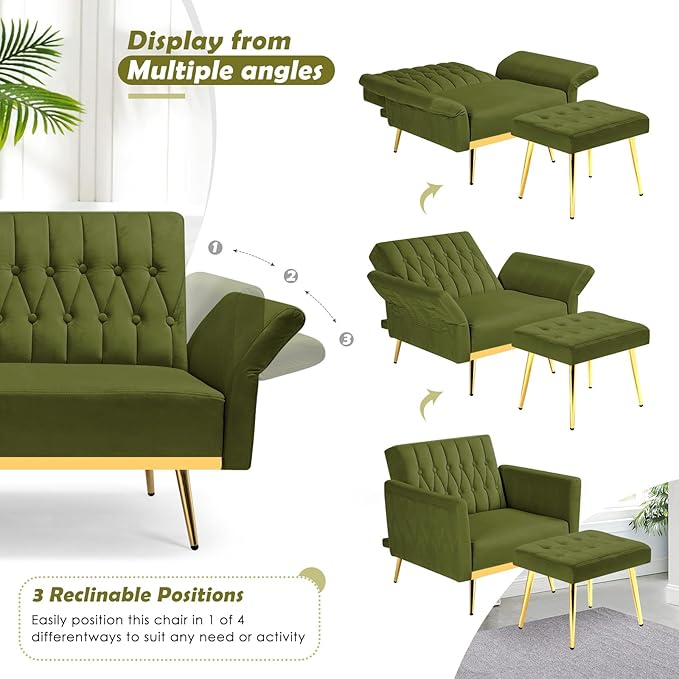 Velvet Accent Chair with Adjustable Backrest and Armrests Single Recliner Armchair with Ottoman and Golden Mental Legs for Living Room Bedroom and Waiting Room Olive Green