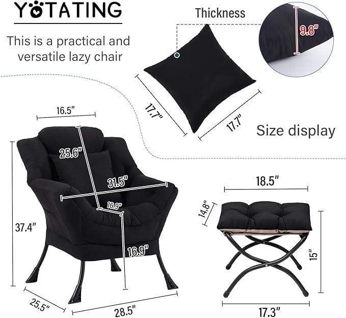 Lazy Chair with Ottoman Comfy Reading Chair with Footstool &amp Pillow Modern Lounge Chair with Armrests &amp Side Pocket for Living Room Bedroom Dorm RoomBlack