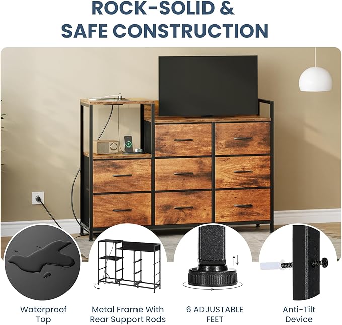 DUMOS TV Stand Dresser with 8 Fabric Drawers &amp Open Shelves TV Stand for Up to 45 inch TV with Wooden Top Entertainment Center with Charging Station for Living Room Hallway Brown
