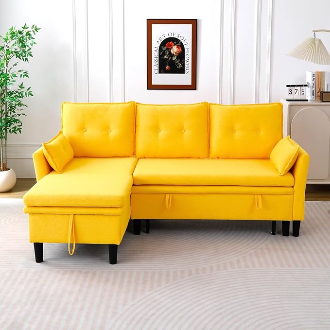 78 L-Shaped Sleeper Sofa Bed Couch 3-Seater Reversible Pull Out Couch Bed with Storage Chaise Lounge Cotton-Linen Pullout Sofabed Sectional Couches for Living Room Apartment Yellow