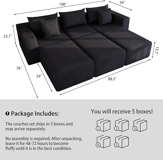 Modular Cloud Sectional Sofa – Oversized Deep Seat Couch with Pillows Convertible Foam SofaFreely Configurable for Living Room Apartment Bedroom (Black 3 Seater+3 Ottoman)