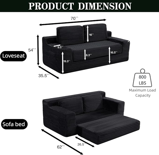 71 Corduroy Cloud Loveseat Sofa Bed Pull Out Convertible 2-in-1 Boneless Couch Deep Seat 2-Seater Design No Assembly Floor Sofa with Side Pockets for Living Room Bedroom Apartment (Black) | Pul
