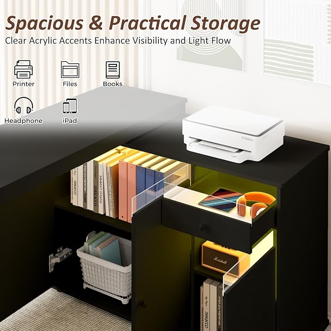 53 L-Shaped Computer Desk Rotating Home Office Desk with Storage Cabinet &amp Drawer Modern Craft/Study/Writing Table with LED Light Reversible Swivel Corner Desk Bedroom Black