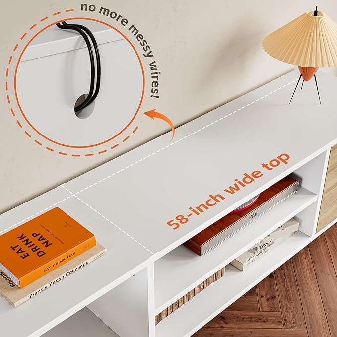 YESHOMY Modern TV Stand for 65 Inch TV 58 Entertainment Center with Storage Cabinets Media Console for Living Room &amp Apartment Minimalist Retro TV Cabinet Bright White