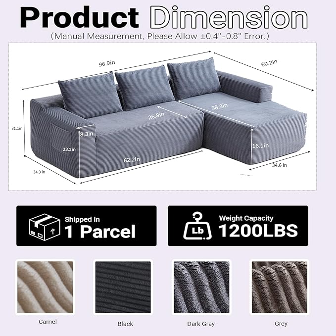 97 Cloud Sectional Couch Modern Boneless Couch with L-Shape Chaise Deep Seat Modular Sectional Sofa Corduroy Corner Foam Couches for Living RoomNo Assembly Required(Blue Gray Right Chaise)