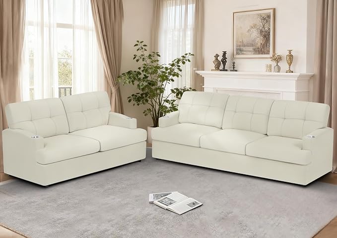 Chenille Modern Sofa Set with Cup Holder Tufted Upholstered Couch and Lovesaet with Thickened Cushions Comfy 3 Seater and 2 Seater Sofa with Deeper Seat for Living Room ApartmentBeige