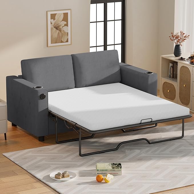 BALUS Pull Out Sofa Bed Full Size Sleeper Sofa with Inbuilt Cup Holder &amp USB Ports 2-in-1 Convertible Pullout Couch with Memory Foam Mattress for Living Room Home Office Dark Grey