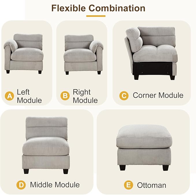 115” Modular Sectional L Shaped Corner Sofa Corduroy 6-Seater Couches with Thick Cushion for Living Room Grey