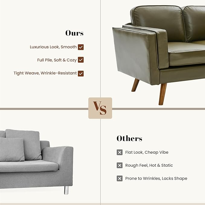 Kingfun Living Room Furniture Sets 3 Seater Couch and Armchair Mid Century Modern Sofa Set Faux Leather Couch with Solid Wood Frame for Living Room &amp Bedroom Olive Green