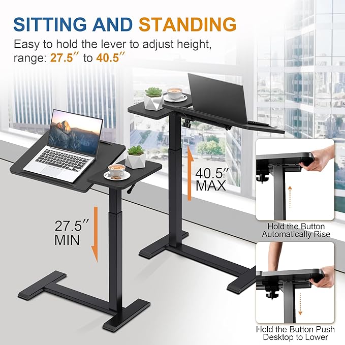 Adjustable Overbed Bedside Table with Hidden Wheels Pneumatic Tilt Board Rolling Laptop Standing Desk Cart Mobile Over Bed Sofa Chair Side End Tables Walnut (Black)