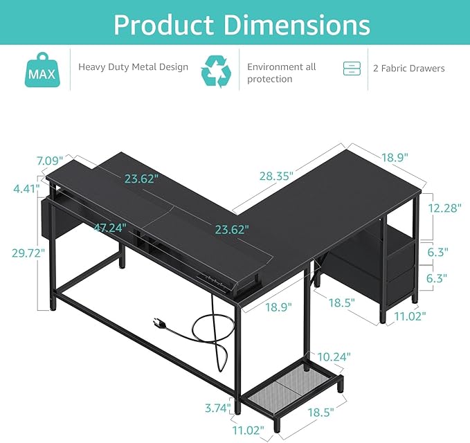 Lufeiya L Shaped Gaming Desk with Led Lights and Power Outlets 48 Inch Corner Home Office Desk with Monitor Stand Shelves Writing Study Computer Desks with Fabric Drawers for Bedroom Black