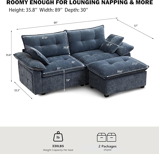 Modular Loveseat Sofa with Ottoman 81.5'' Deep Seat 2-Seater Chenille Couch Comfy L Shaped Convertible Small Sofa for Apartment Living Room Office Soft FabricLoveseat Sofa (Mist Blue)