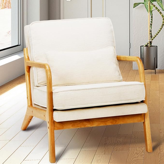 Modern Accent Chair with Lumbar Pillow Relaxing Mid Century Chair Armchair with Solid Wood Frame &amp Soft Cushion Reading Leisure Armchair for Living Room Beige