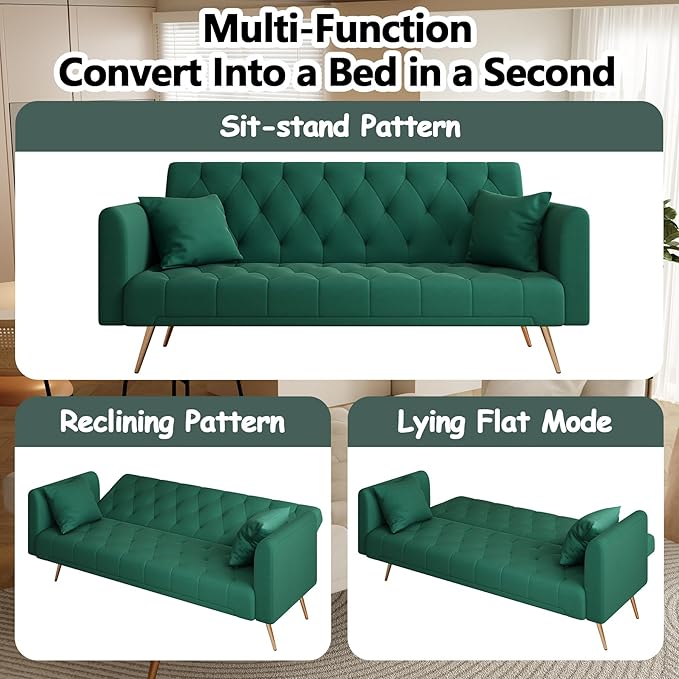 71 Convertible Folding Sleeper Sofa CouchModern Velvet Loveseat Sleeper with 2 Pillows Futon Sofa Bed with Mattress and Frame for Living RoomBedroomSmall Space (Green)