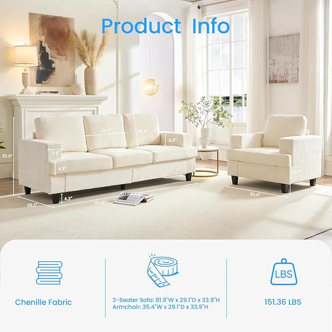 PUREMIND 2 Piece Living Room Sofa Set Chenille Upholstery 3 Seater Couch and Armchair Set Solid Wood Frame Modern Sectional Couches for Living Room Office Apartment