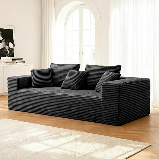 3-Seater Deep-Seat Corduroy Lounge Sleeper Sofa - No Assembly Frameless Foam Cloud Couch for Living Room Bedroom Apartment Dorm Office