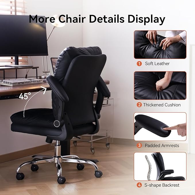 LEAGOO Comfy Office Chair with Padded Flip-up Arms Mid Back Executive Ergonomic Desk Chairs Faux Leather Computer Rolling Chair with Wheels for Home Adjustable Height 360 Swivel 300lbs Black