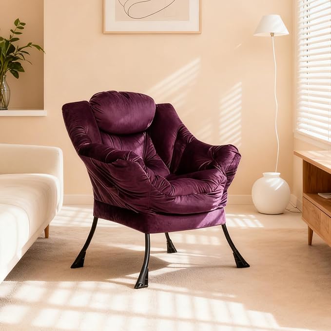 HollyHOME Lazy Chair with Armrest and Side Pocket Comfy Accent Lounge ChairLeisure Sofa Armchair for Living Room Bedroom Dorm or Small Spaces Oversized Reading Sofa ChairVelvet Deep Purple