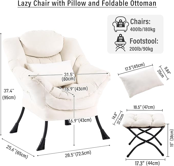 Lazy Chair with Ottoman Modern Accent Chair with Lumbar Pillow Velvet Beige Sofa Armchairs with Folding Footrest Oversized Supportive Chairs for Bedroom Reading