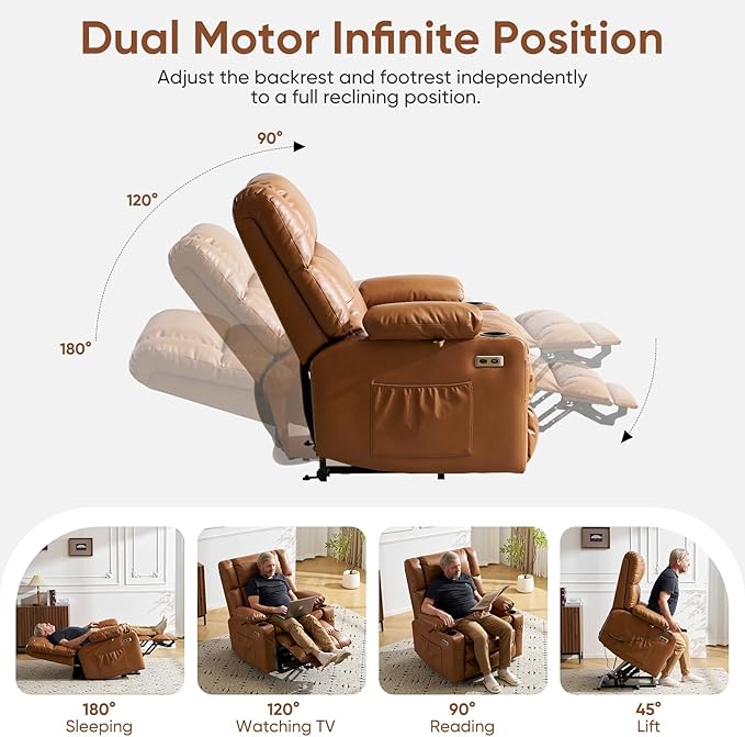 Dual Motor Power Lift Recliner Chair for Elderly with Massage and Heat Oversized Lift Chair with Arm Storage Lay Flat Lift Recliner for Adults Big Tall Infinite PositionLving Room Camel