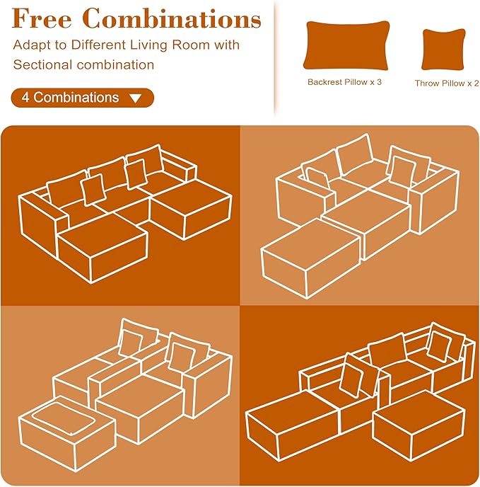 110 Corduroy Modular Sectional Boneless Sofa with 2 Ottomans Convertible Cloud Couch with Deep Seats Fluffy Memory Foam U Shaped Couch for Living Room No Assembly Required (Black)